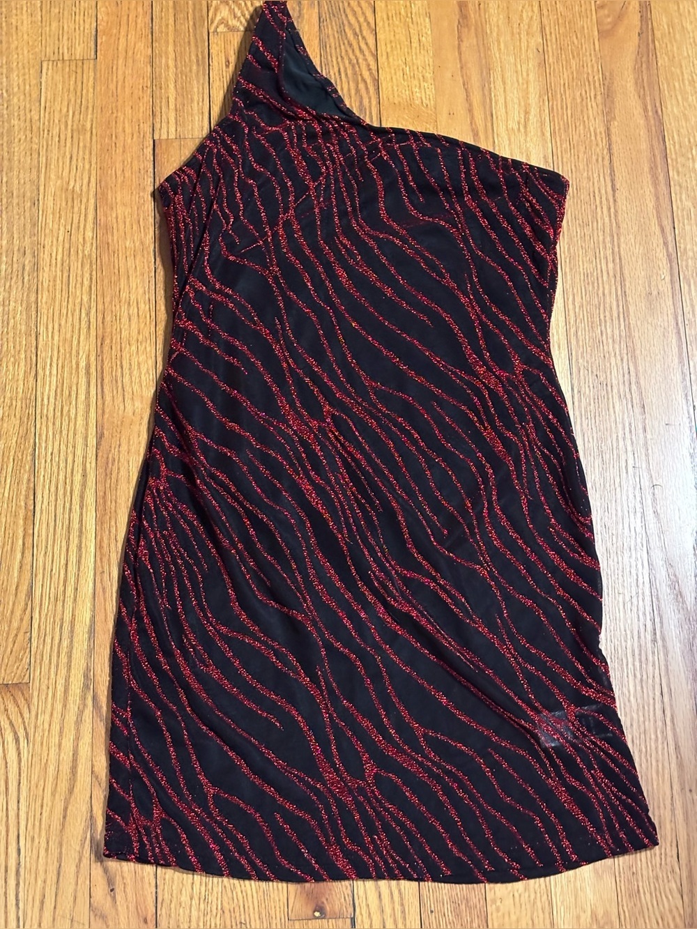 SHEIN Black One-Shoulder Dress with Red Glitter Zebra Stripes